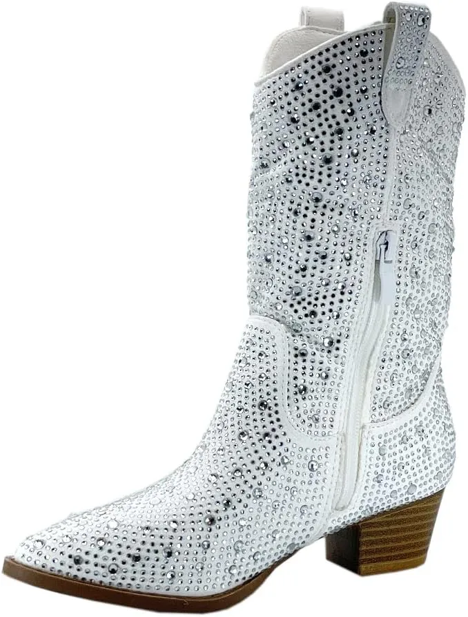 ABSOLEX Girls' Western Cowgirl Cowboy Pointed Toe Rhinestone Low Heel Boots