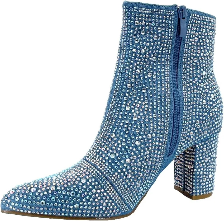 ABSOLEX Women Pointed Toe Rhinestone Block Medium Heel Ankle Booties