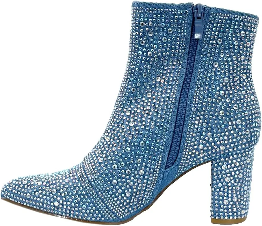 ABSOLEX Women Pointed Toe Rhinestone Block Medium Heel Ankle Booties