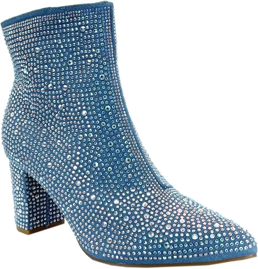 ABSOLEX Women Pointed Toe Rhinestone Block Medium Heel Ankle Booties