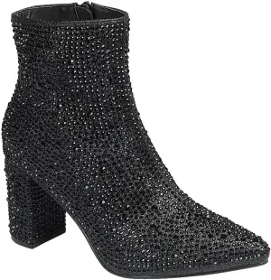 ABSOLEX Women Pointed Toe Rhinestone Block Medium Heel Ankle Booties