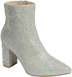 ABSOLEX Women Pointed Toe Rhinestone Block Medium Heel Ankle Booties