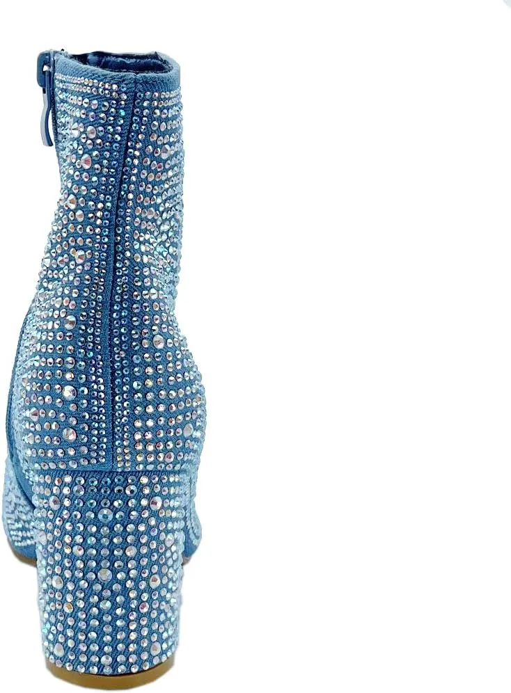ABSOLEX Women Pointed Toe Rhinestone Block Medium Heel Ankle Booties