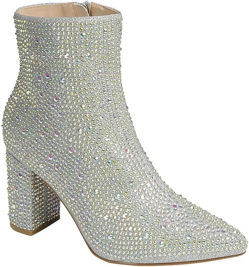 ABSOLEX Women Pointed Toe Rhinestone Block Medium Heel Ankle Booties