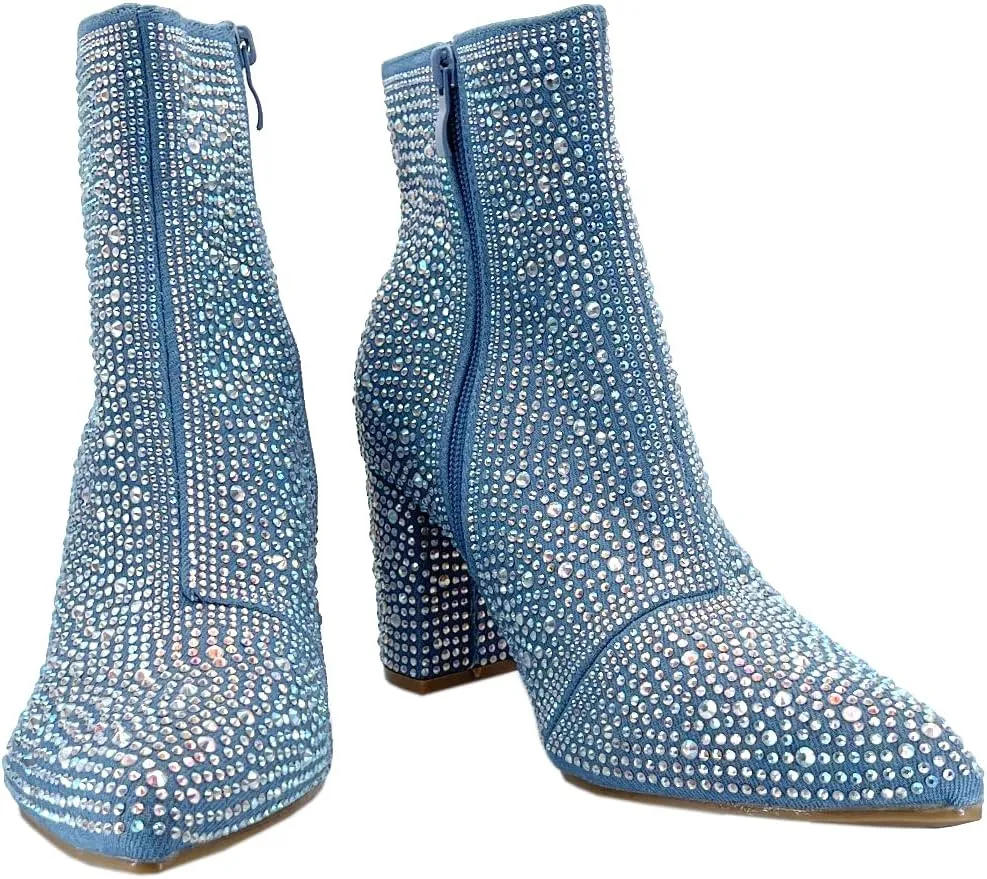 ABSOLEX Women Pointed Toe Rhinestone Block Medium Heel Ankle Booties
