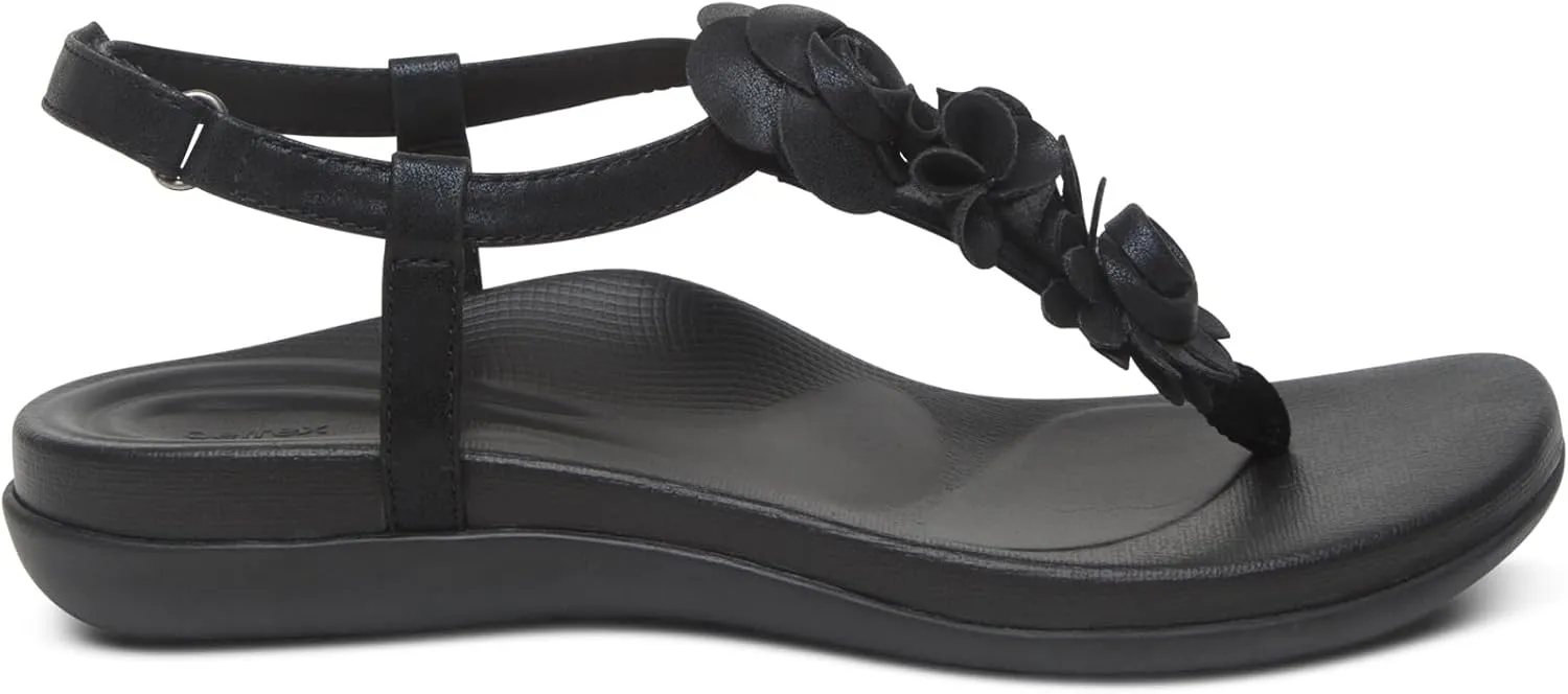 Aetrex Women's Charli Water-Friendly Orthopedic Leather Thong Sandals for Women - Arch Support Adjustable Floral Embellished Flat Sandals for Women w/Pressure Relief Design