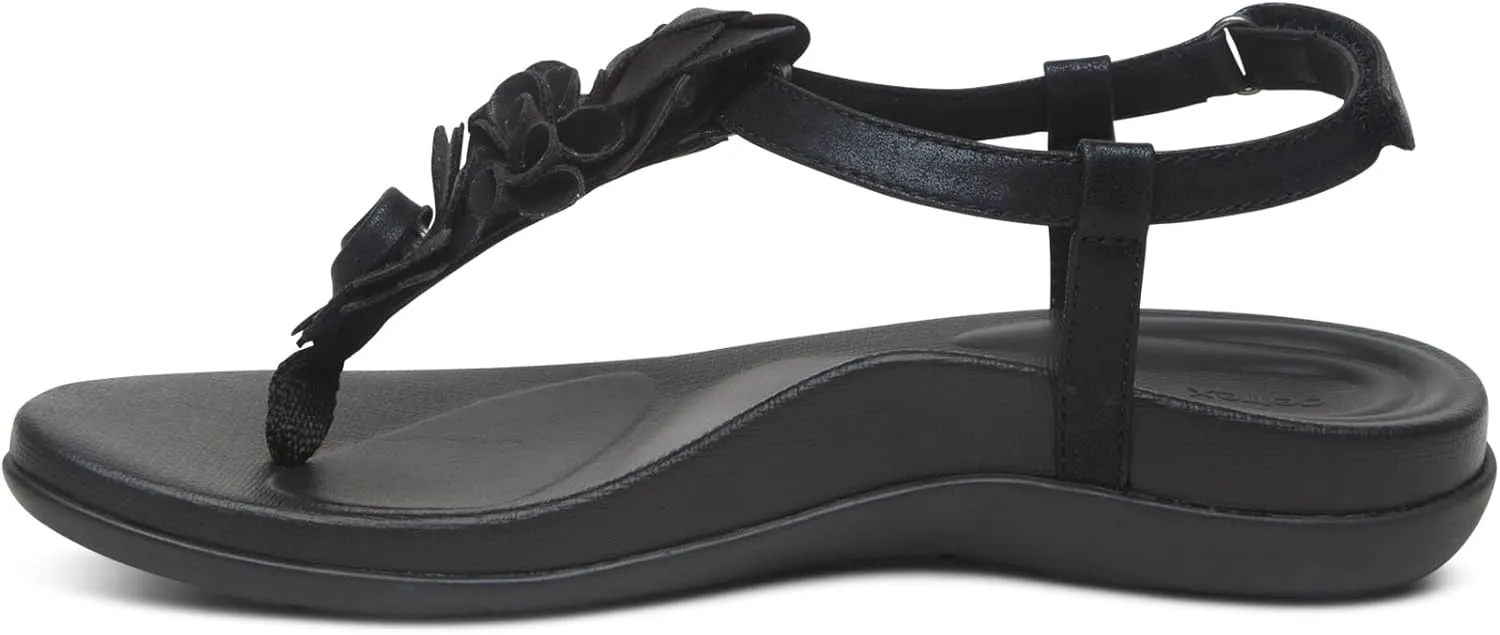 Aetrex Women's Charli Water-Friendly Orthopedic Leather Thong Sandals for Women - Arch Support Adjustable Floral Embellished Flat Sandals for Women w/Pressure Relief Design