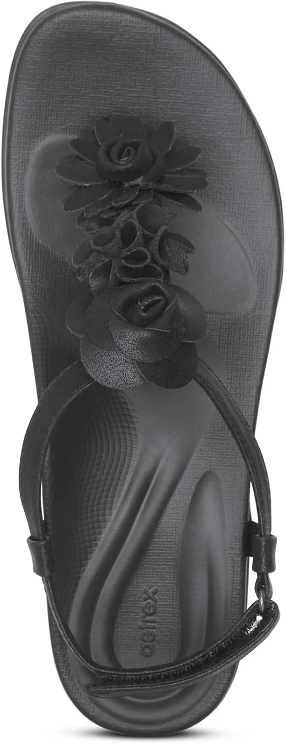 Aetrex Women's Charli Water-Friendly Orthopedic Leather Thong Sandals for Women - Arch Support Adjustable Floral Embellished Flat Sandals for Women w/Pressure Relief Design