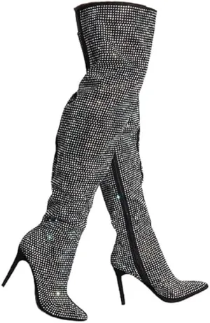 AKIRA Women's All Over Diamond Rhinestone Stripe Front Slouchy Thigh High Stiletto Boots-BLACK_8