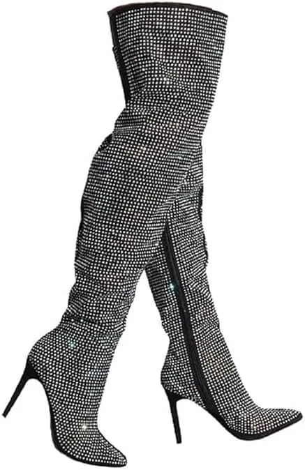 AKIRA Women's All Over Diamond Rhinestone Stripe Front Slouchy Thigh High Stiletto Boots-BLACK_8
