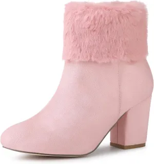 Allegra K Women's Christmas Faux Fur Chunky Heel Ankle Boots