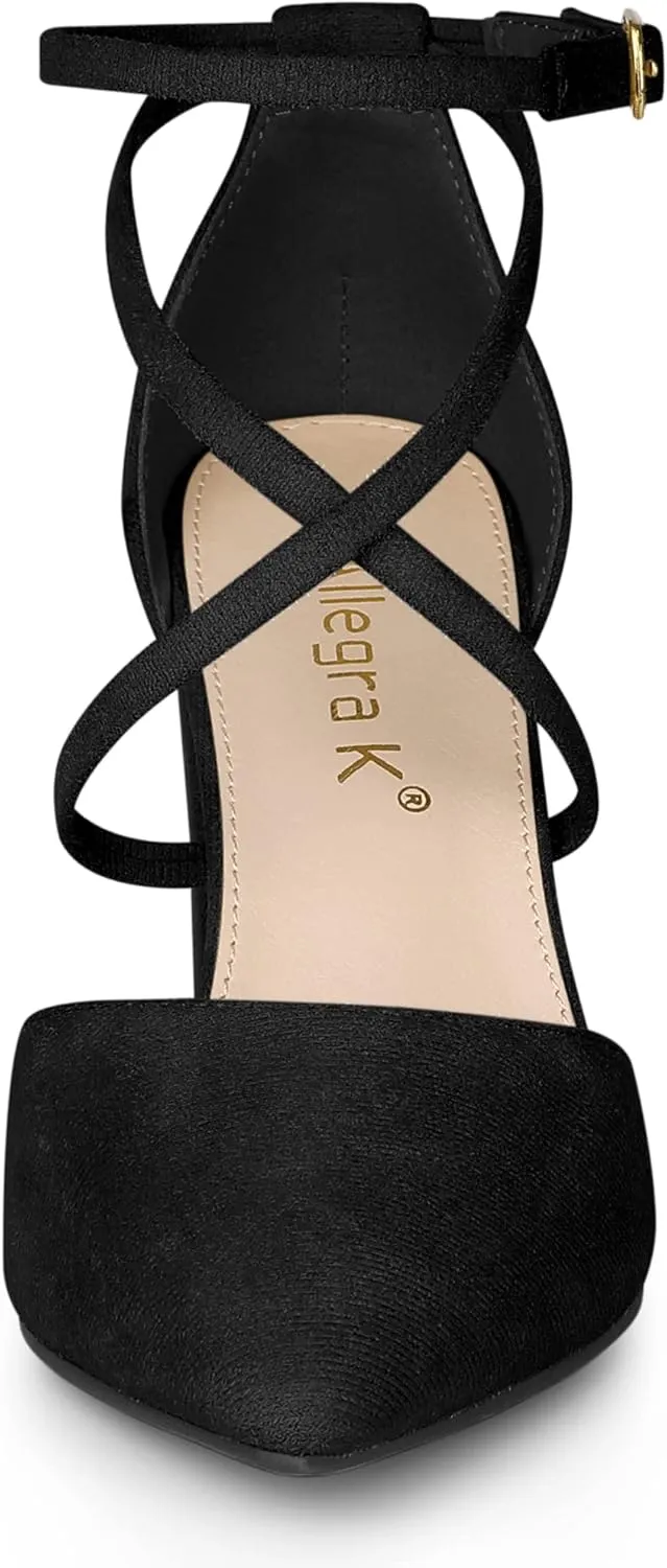 Allegra K Women's Crisscross Strap Wedding Shoes Pointed Toe Chunky Heels Pumps
