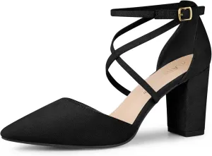 Allegra K Women's Crisscross Strap Wedding Shoes Pointed Toe Chunky Heels Pumps