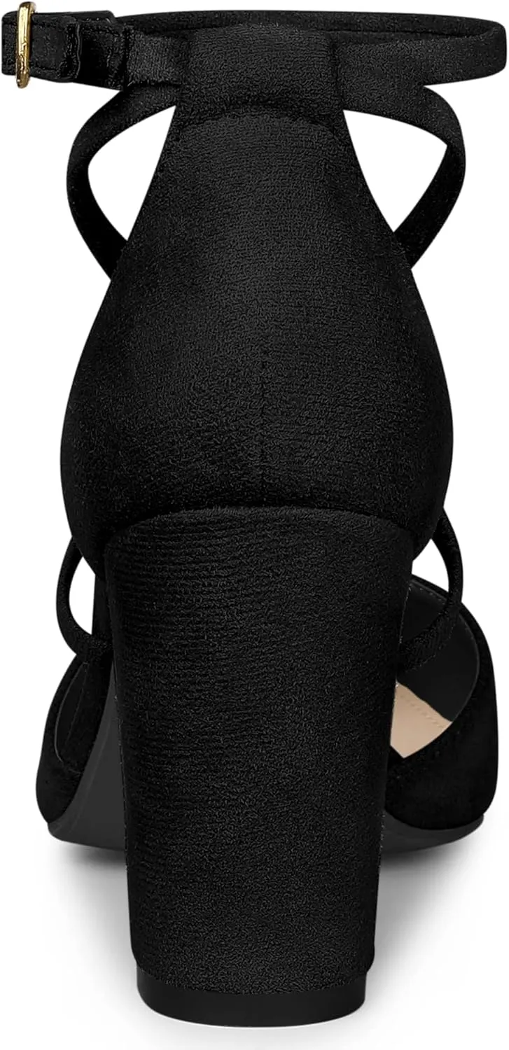 Allegra K Women's Crisscross Strap Wedding Shoes Pointed Toe Chunky Heels Pumps