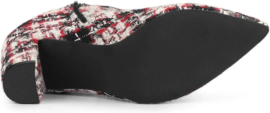Allegra K Women's Plaid Pointed Toe Chunky Heels Ankle Boots