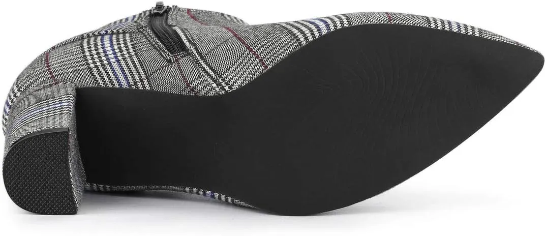 Allegra K Women's Plaid Pointed Toe Chunky Heels Ankle Boots