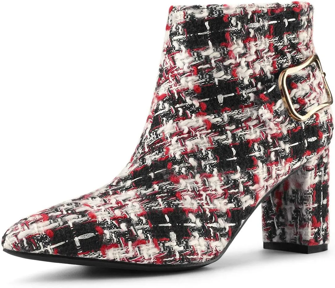 Allegra K Women's Plaid Pointed Toe Chunky Heels Ankle Boots