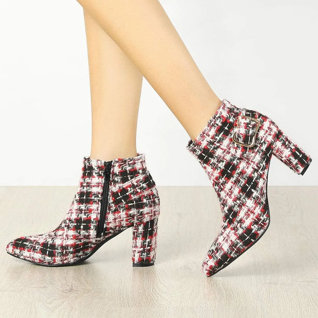 Allegra K Women's Plaid Pointed Toe Chunky Heels Ankle Boots