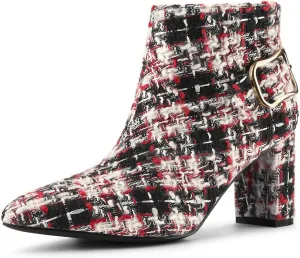 Allegra K Women's Plaid Pointed Toe Chunky Heels Ankle Boots