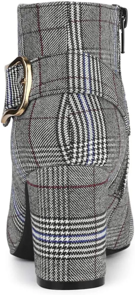 Allegra K Women's Plaid Pointed Toe Chunky Heels Ankle Boots