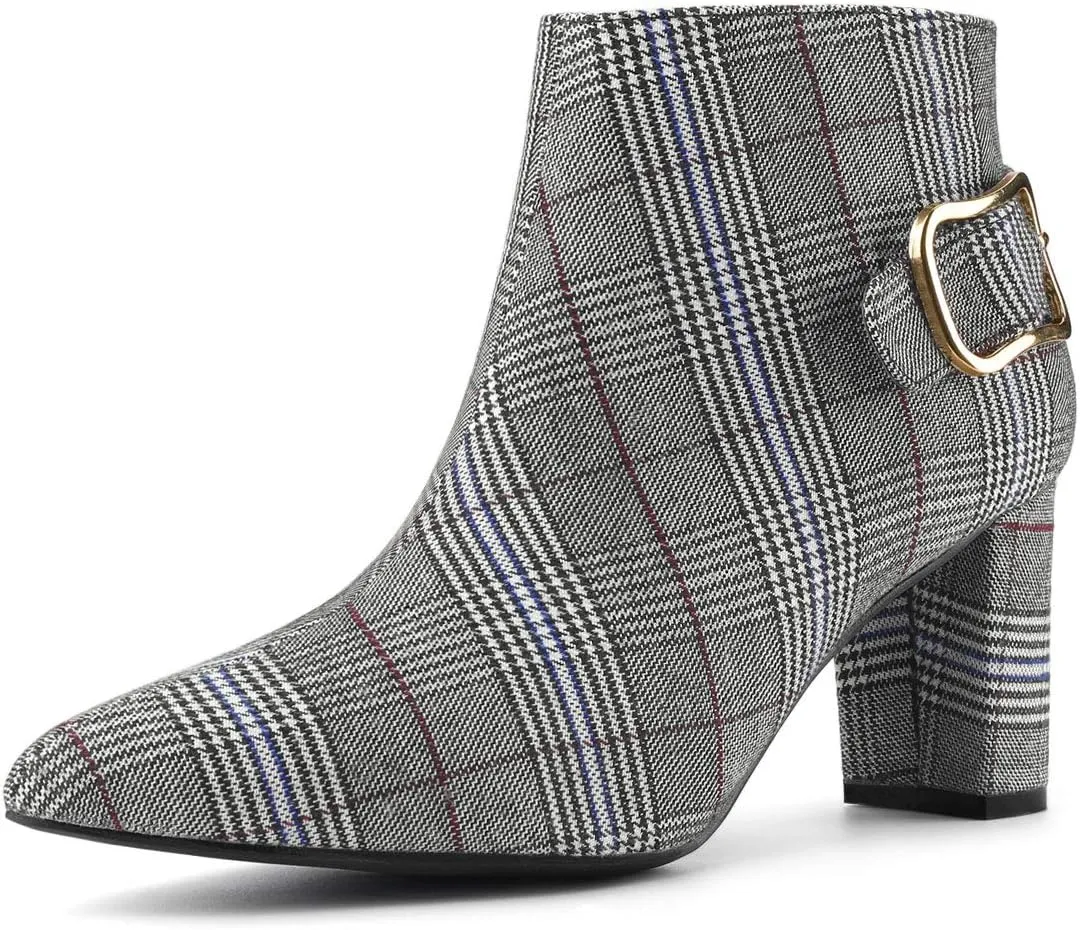 Allegra K Women's Plaid Pointed Toe Chunky Heels Ankle Boots