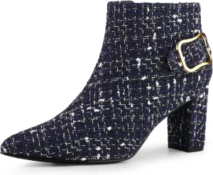 Allegra K Women's Plaid Pointed Toe Chunky Heels Ankle Boots
