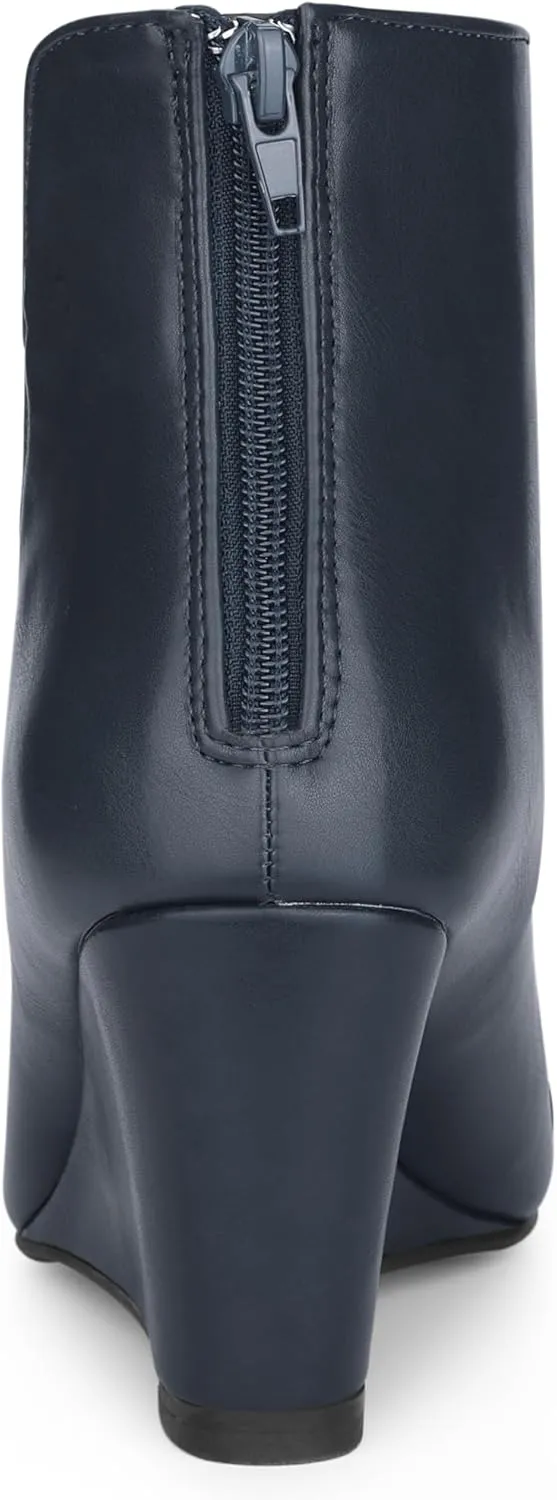 Allegra K Women's Pointed Toe Zipper Wedge Heel Ankle Booties