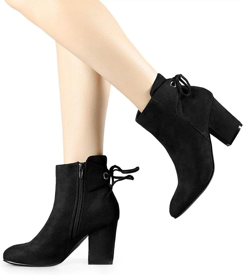 Allegra K Women's Round Toe Block Heel Zipper Lace Up Ankle Boots