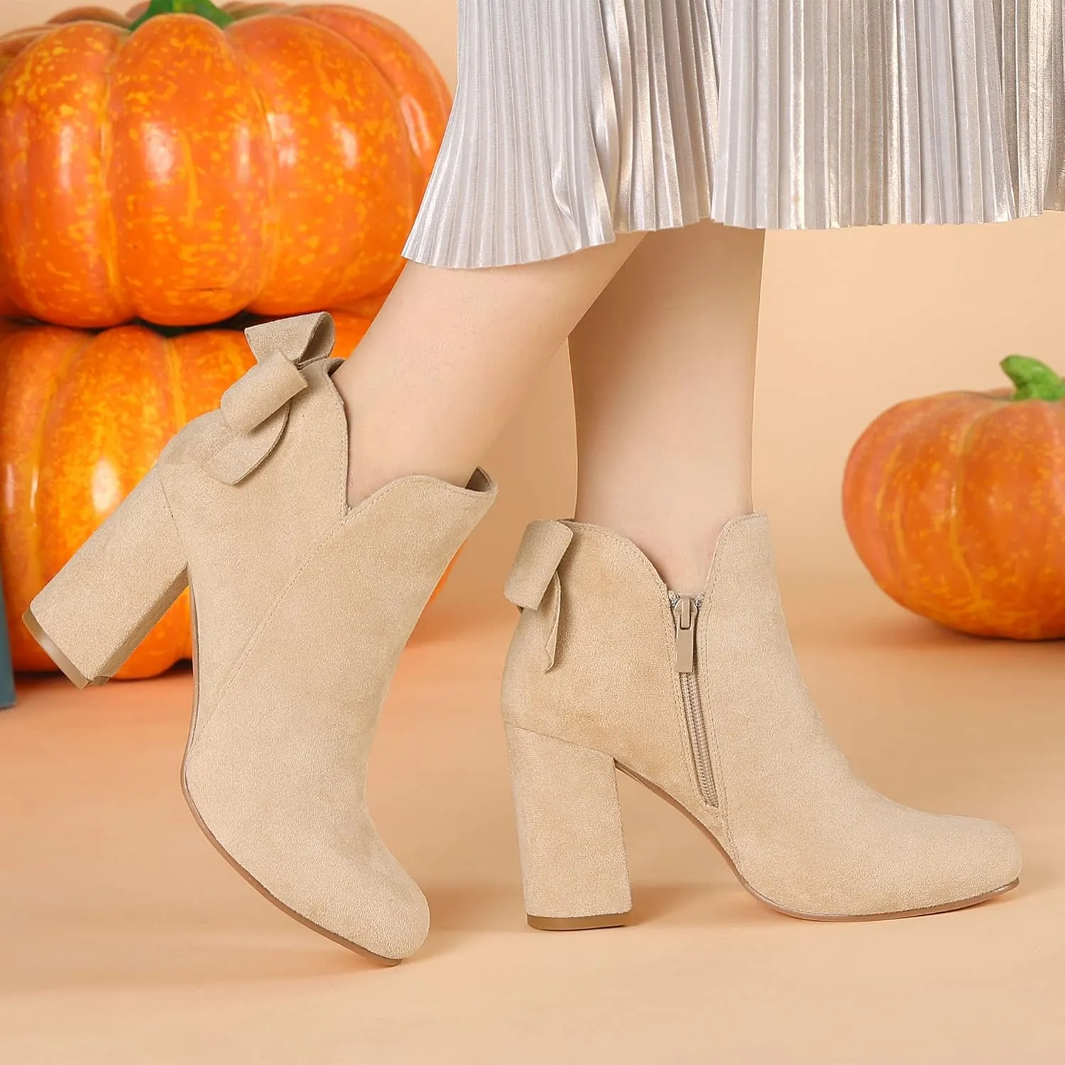 Allegra K Women's Round Toe Bow Decor Chunky Heel Ankle Boots