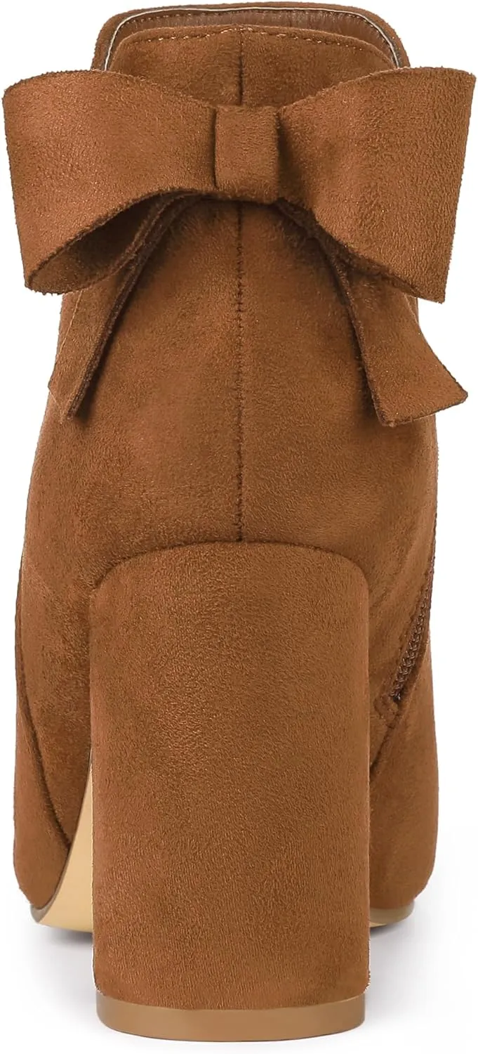Allegra K Women's Round Toe Bow Decor Chunky Heel Ankle Boots