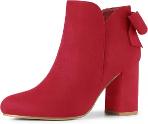 Allegra K Women's Round Toe Bow Decor Chunky Heel Ankle Boots