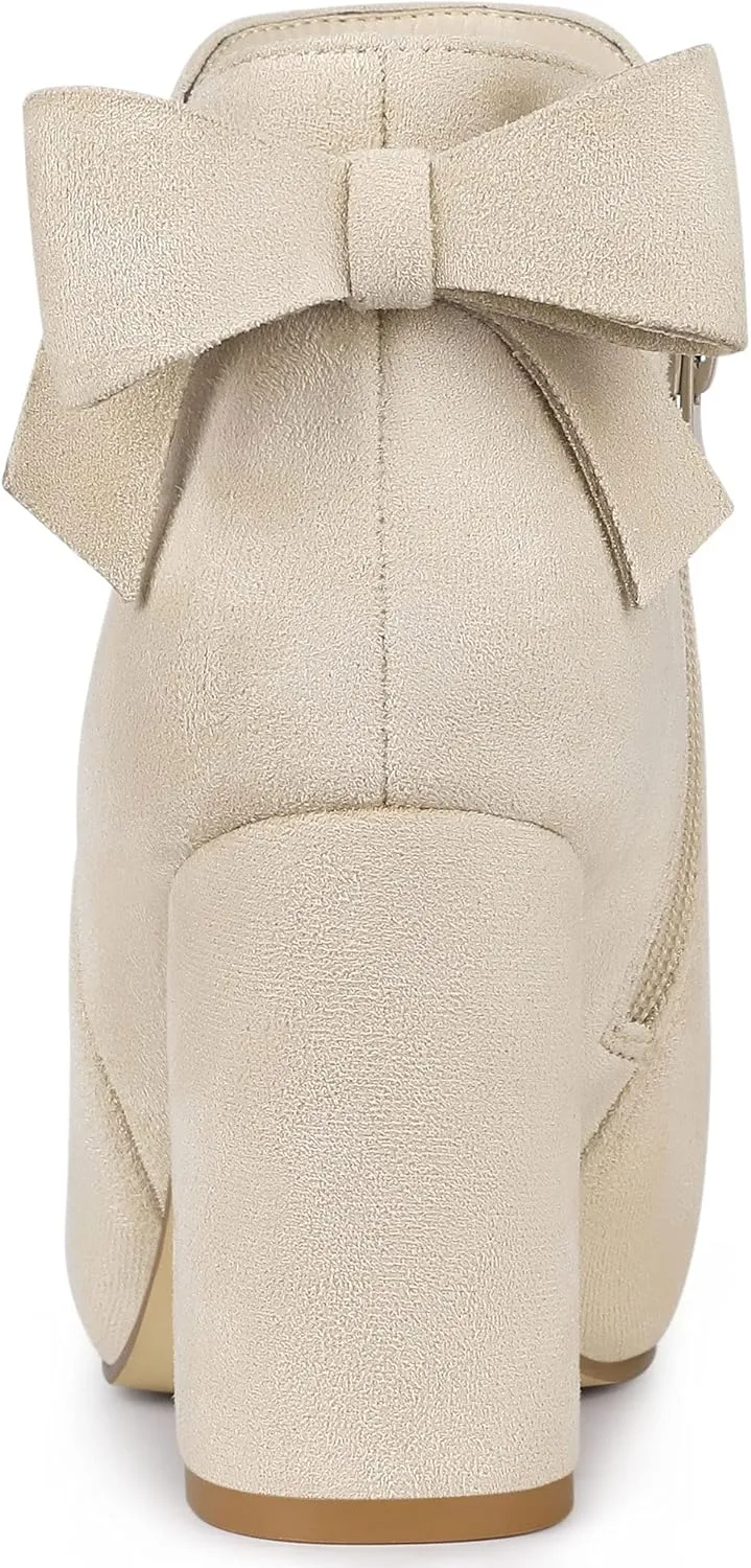 Allegra K Women's Round Toe Bow Decor Chunky Heel Ankle Boots