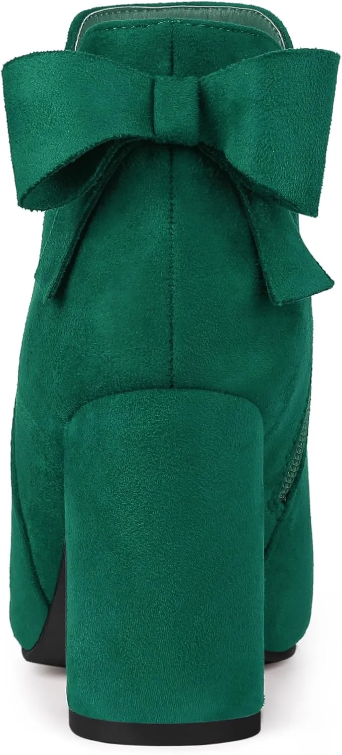 Allegra K Women's Round Toe Bow Decor Chunky Heel Ankle Boots