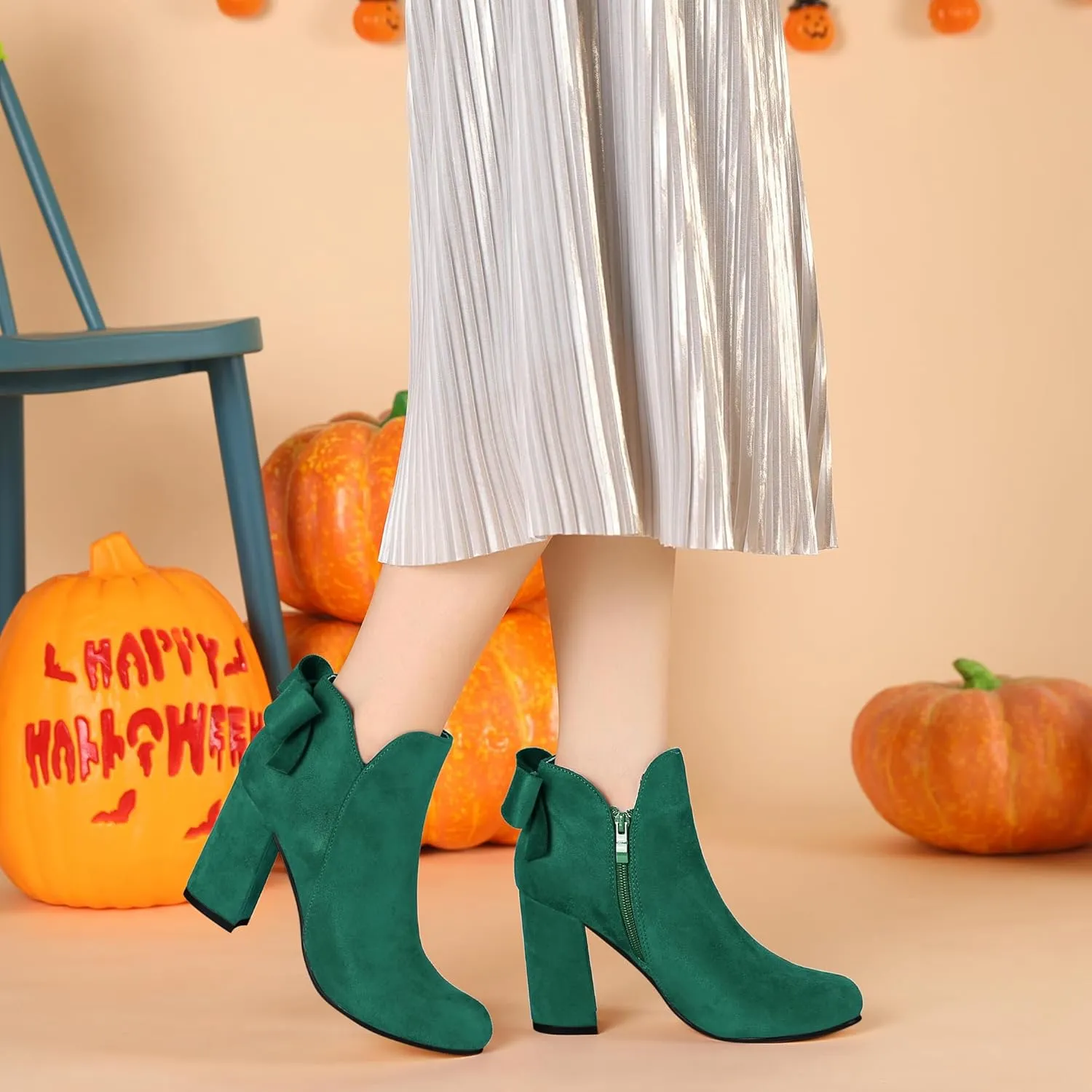 Allegra K Women's Round Toe Bow Decor Chunky Heel Ankle Boots