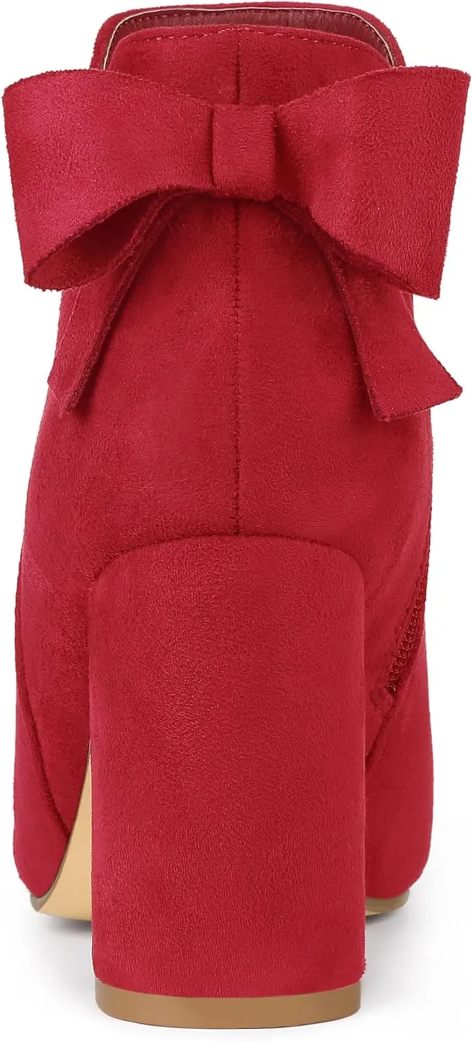 Allegra K Women's Round Toe Bow Decor Chunky Heel Ankle Boots