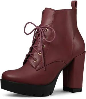 Allegra K Women's Round Toe Chunky Heel Lace Up Platform Boots