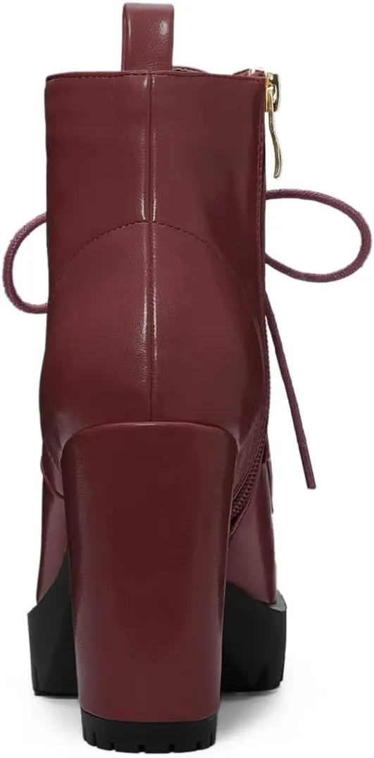 Allegra K Women's Round Toe Chunky Heel Lace Up Platform Boots
