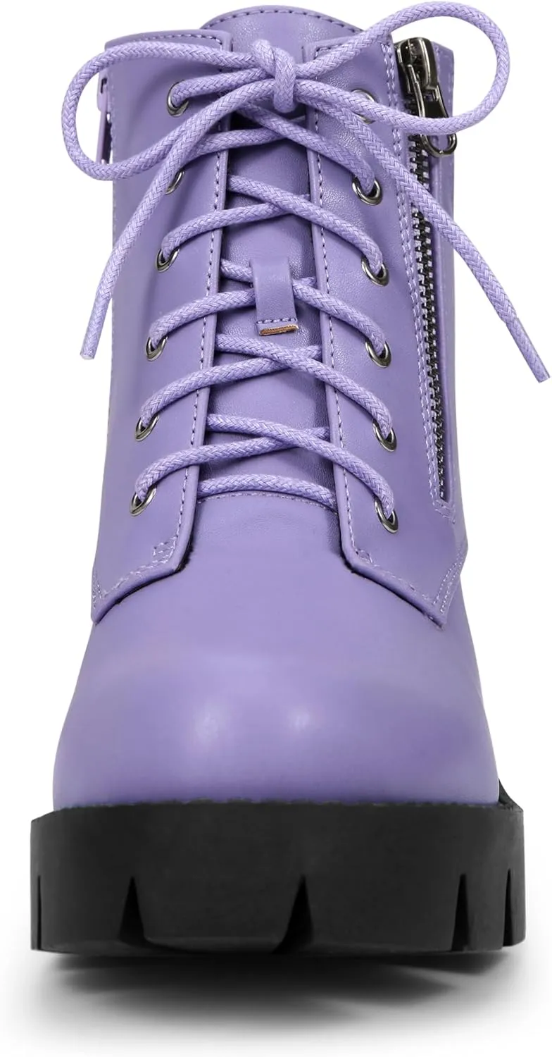 Allegra K Women's Round Toe Chunky Heel Lace Up Zipper Combat Boots
