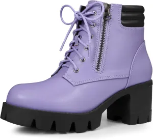 Allegra K Women's Round Toe Chunky Heel Lace Up Zipper Combat Boots