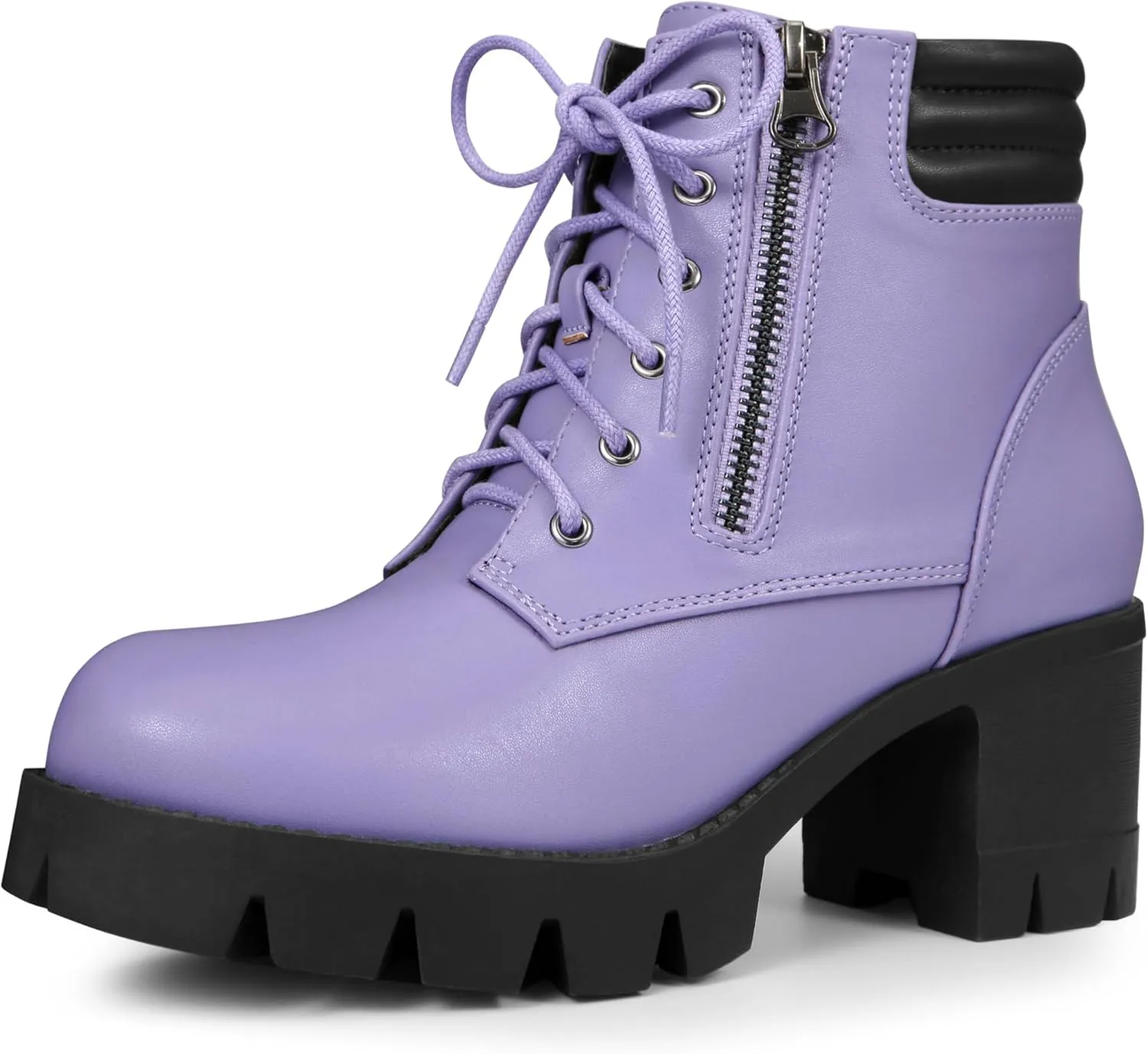 Allegra K Women's Round Toe Chunky Heel Lace Up Zipper Combat Boots