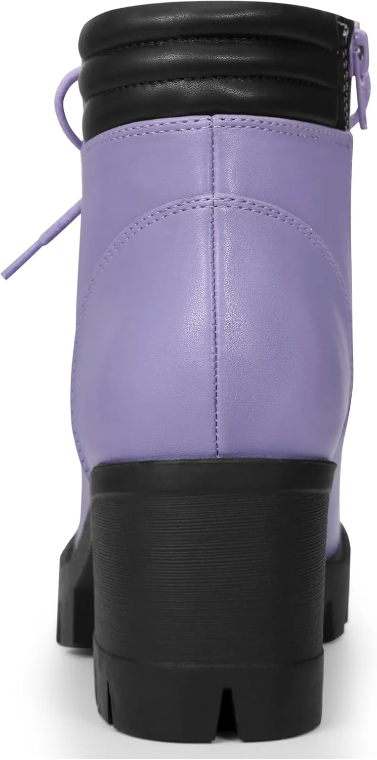 Allegra K Women's Round Toe Chunky Heel Lace Up Zipper Combat Boots