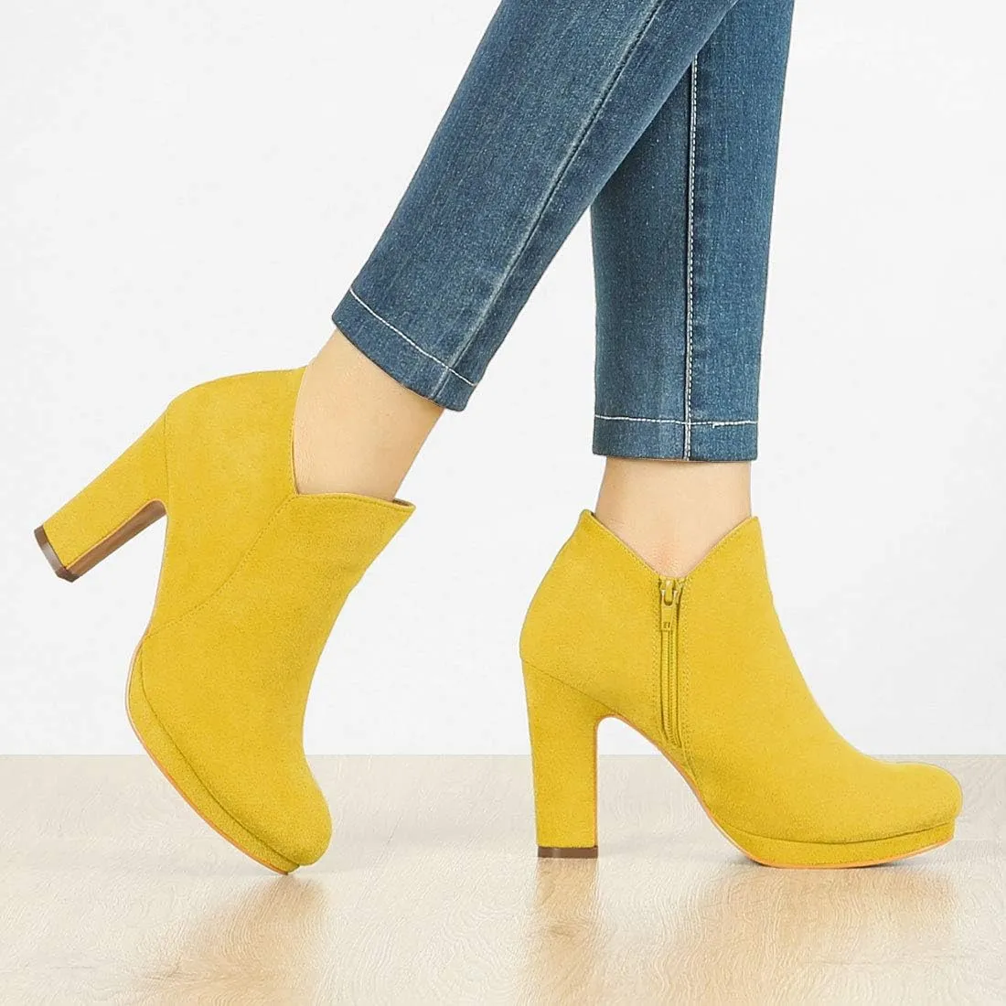 Allegra K Women's Round Toe Chunky Heeled Ankle Heel Boots