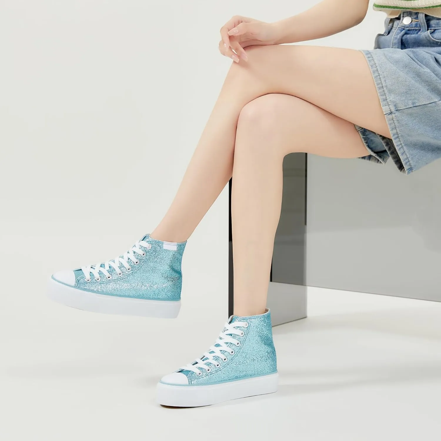 ALTOCIS Glitter Platform Fashion Sneakers,Sparkly Bling Mid Calf Sneaker for Women,Cute Comfortable Platform High Top Sneakers