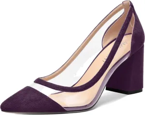 AMBELIGHT Womens Suede Dress PVC Pointed Toe Solid Slip On Office Block High Heel Pumps Shoes 3.3 Inch