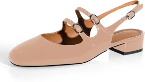 anteikira Women's Round Toe Slingback Flats Closed Toe Double Strap Mary Jane Flats for Women 1 Inch Heel Dress Shoes Low Heel Causal Work Office Pumps for Women Size 5.5-12US