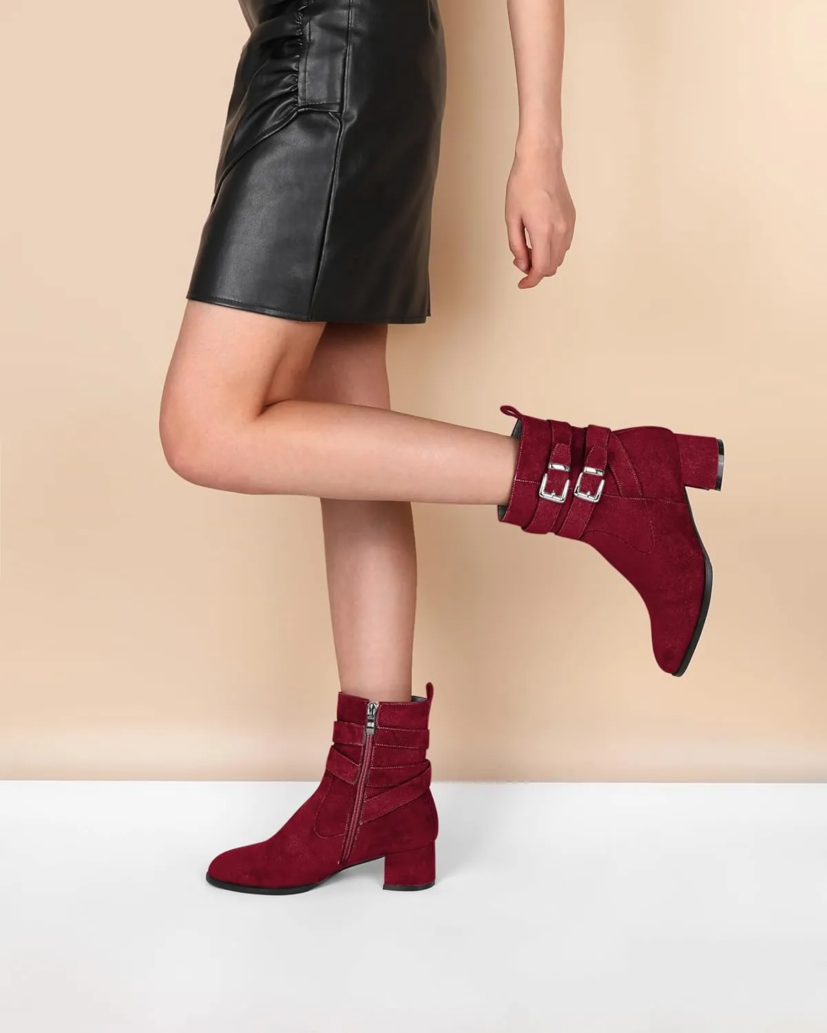 AUMOTED Kitten Low Ankle Boots for Women Chunky Block Heel Bootie Side Zipper Round Toe Double Adjustable Buckle Boots Women 2 Inch Heeled Boots