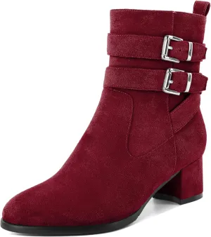 AUMOTED Kitten Low Ankle Boots for Women Chunky Block Heel Bootie Side Zipper Round Toe Double Adjustable Buckle Boots Women 2 Inch Heeled Boots