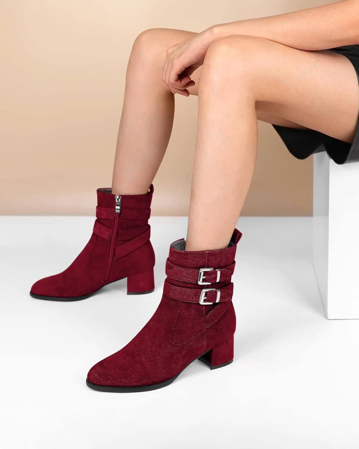 AUMOTED Kitten Low Ankle Boots for Women Chunky Block Heel Bootie Side Zipper Round Toe Double Adjustable Buckle Boots Women 2 Inch Heeled Boots