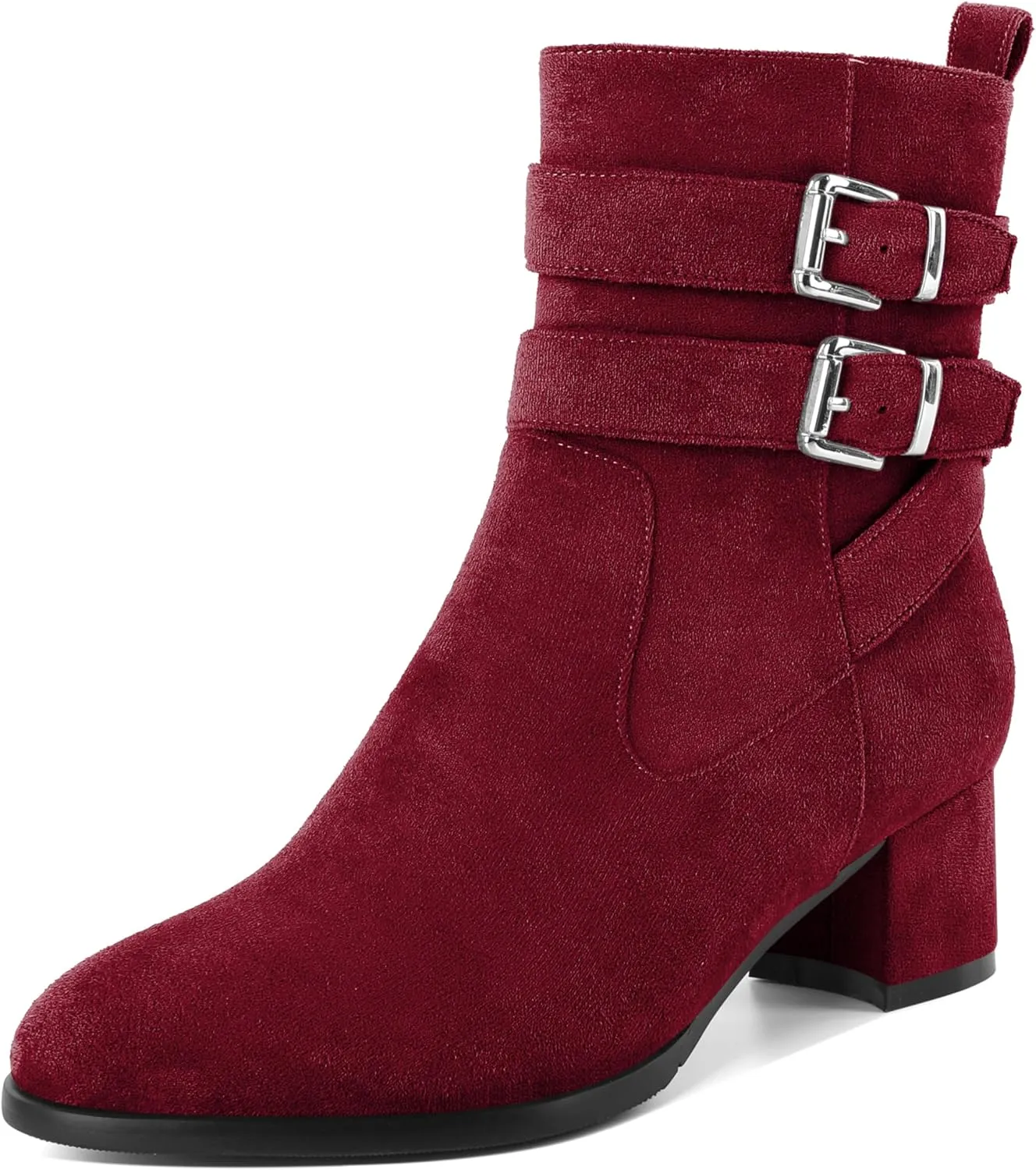 AUMOTED Kitten Low Ankle Boots for Women Chunky Block Heel Bootie Side Zipper Round Toe Double Adjustable Buckle Boots Women 2 Inch Heeled Boots