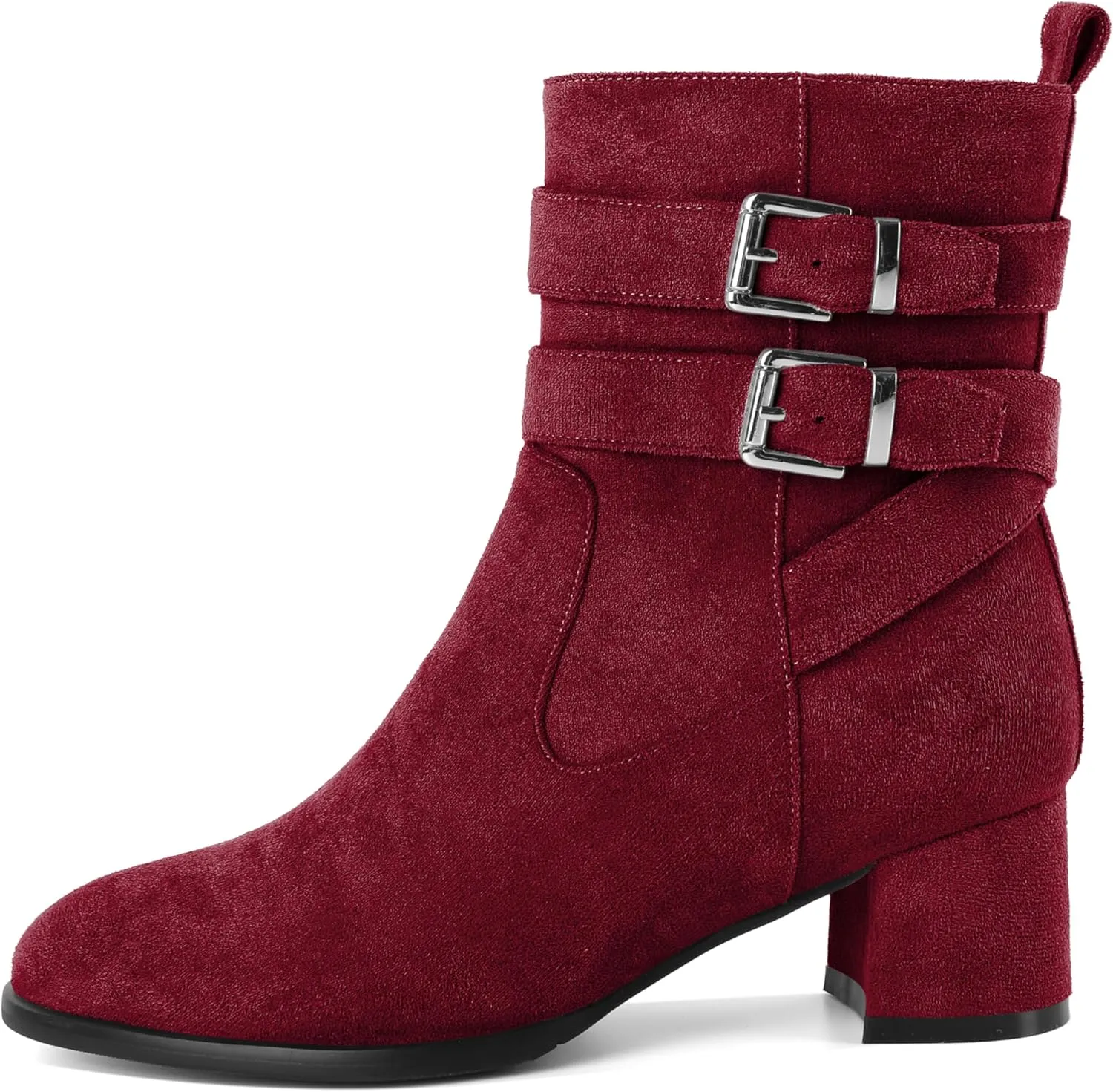 AUMOTED Kitten Low Ankle Boots for Women Chunky Block Heel Bootie Side Zipper Round Toe Double Adjustable Buckle Boots Women 2 Inch Heeled Boots